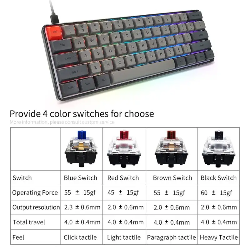 Imagem -02 - Teclado Mecânico com Fio e Iluminação de Led Rgb Mini Teclado Portátil Compacto e à Prova Dágua 61 Pbt com Teclas Gateron Alternância