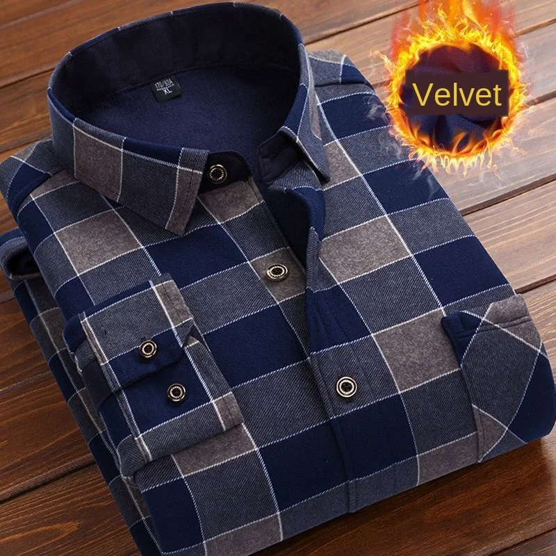 Autunno inverno uomo Fleece Warm thermo Shirt moda maschile stampa manica lunga camicia termica di grandi dimensioni camicia scozzese calda spessa