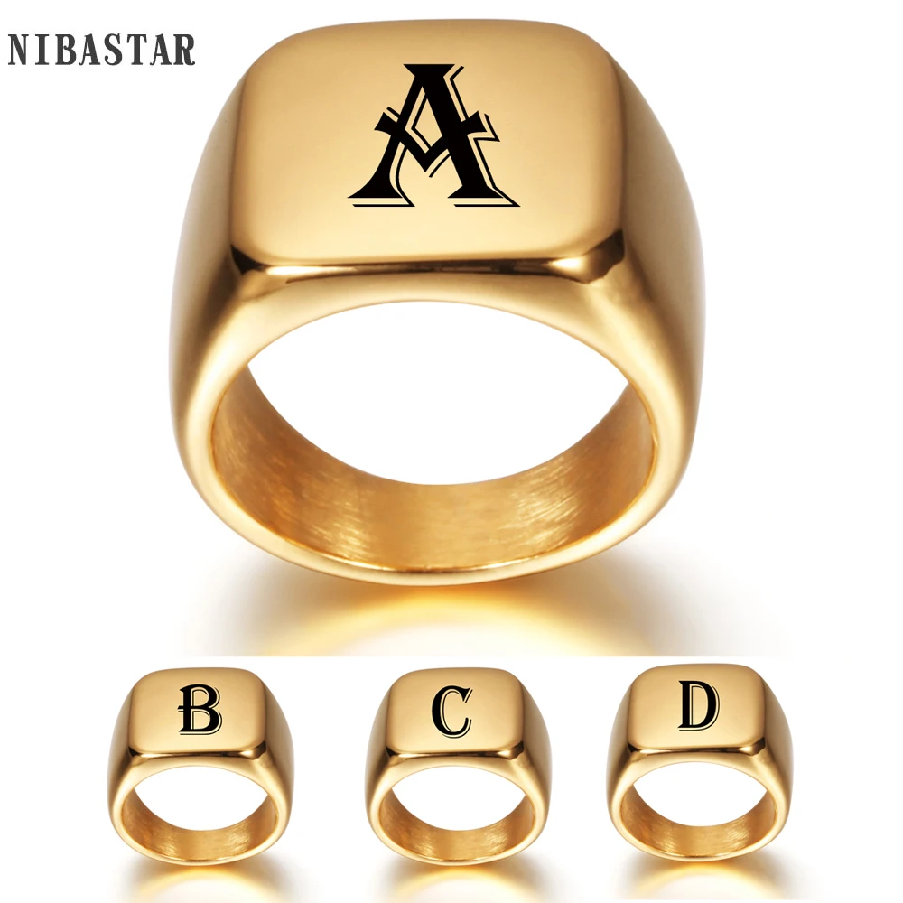 Personalised Initial Engrave A to Z Alphabet Stainless Steel Signet Blank Plain Ring Band High Polished Gold Color Tone U.S.Size