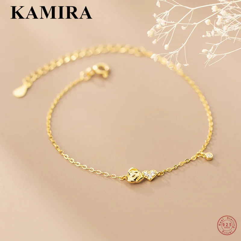 

KAMIRA 925 Sterling Silver Romantic Cute Rose Flower Love Heart Bracelet&Bangle for Women Party Classic Simple Fine Jewelry Gift