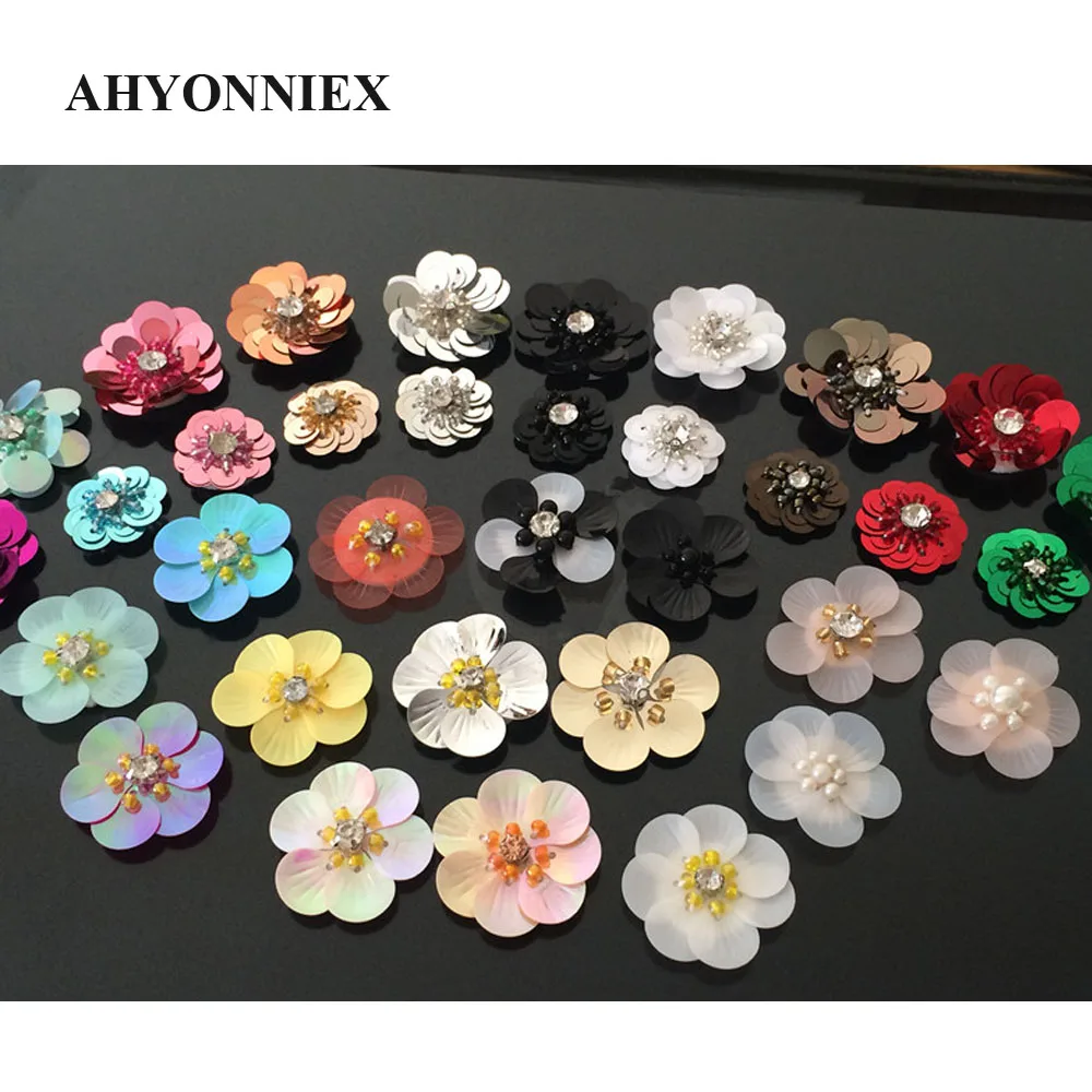 10Pcs/Lot Sequins Flowers Patches Sew On Beads Applique Clothes DIY Shoes Bags Accessories