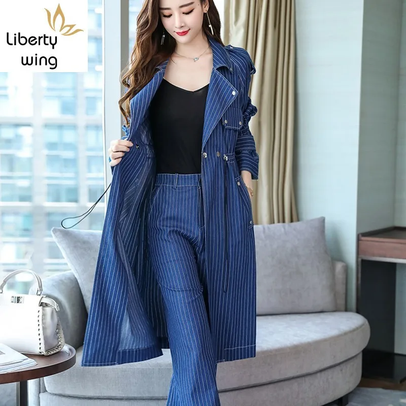 

Fashion Womens Office Suit European Style Lace Up Striped Denim Long Coats Loose Straight Leg Pants Two Pieces Set Blue