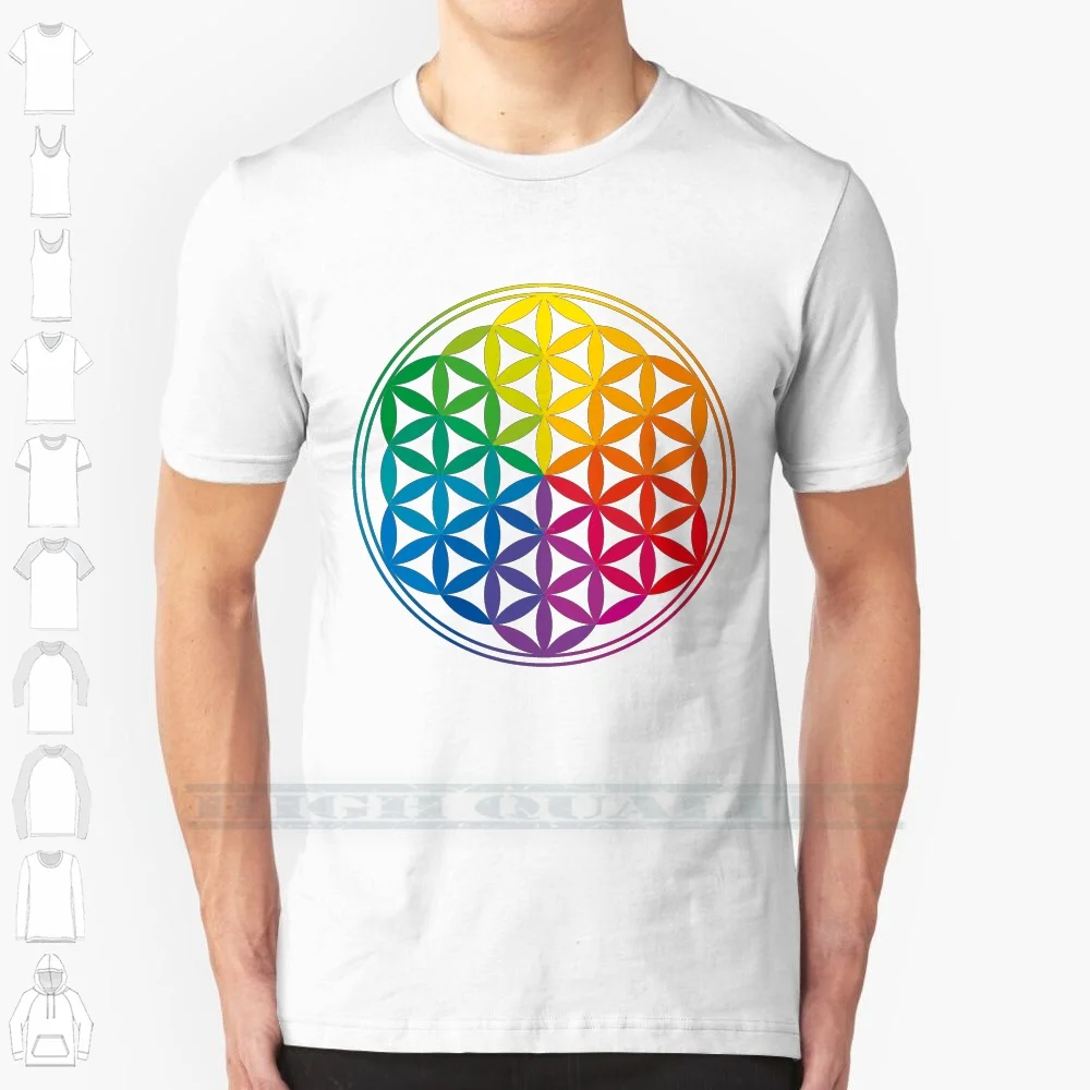 Flower Of Life , Sacred Geometry , Yoga 100% Cotton T Shirt Yoga Sacred Geometry Geek Chic Typography Zen Rainbow Flower Of