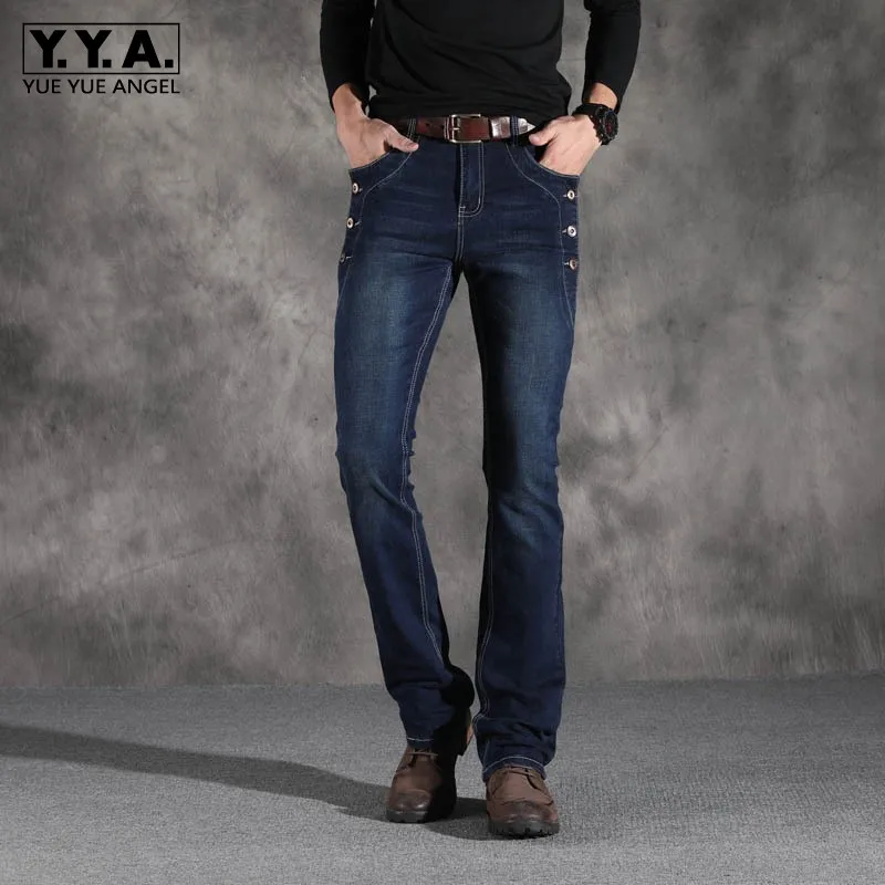 Brand Business Zipper Jeans Men Spring Autumn Blue Casual Flared Trousers Street Style Stretch Slim Bell Bottom Pants 27-38