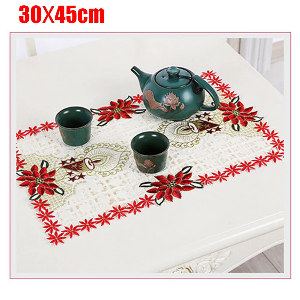 Christmas Tablecloth Vintage Embroidered Floral Lace Dining Table Cloth Runner For Cup Drink Bowl Pot Plate Vase