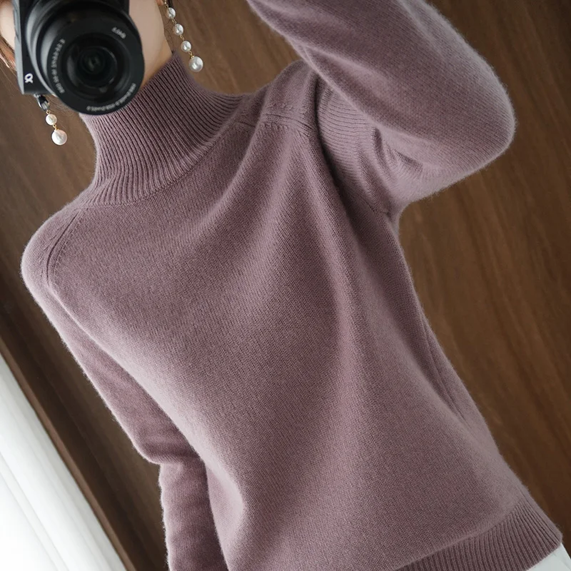 Dy gola alta camisola de caxemira feminino inverno cashmere jumpers malha feminina manga longa grosso solto pulôver