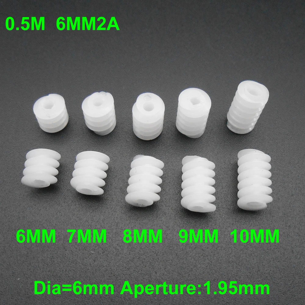 100Pcs X 0.5M 6MM Plastic Worm Reduction Gear 0.5 Modulus Aperture Hole 2MM 1.95MM Tight Fit 5 Kinds Length 6MM 7MM 8MM 9MM 10MM