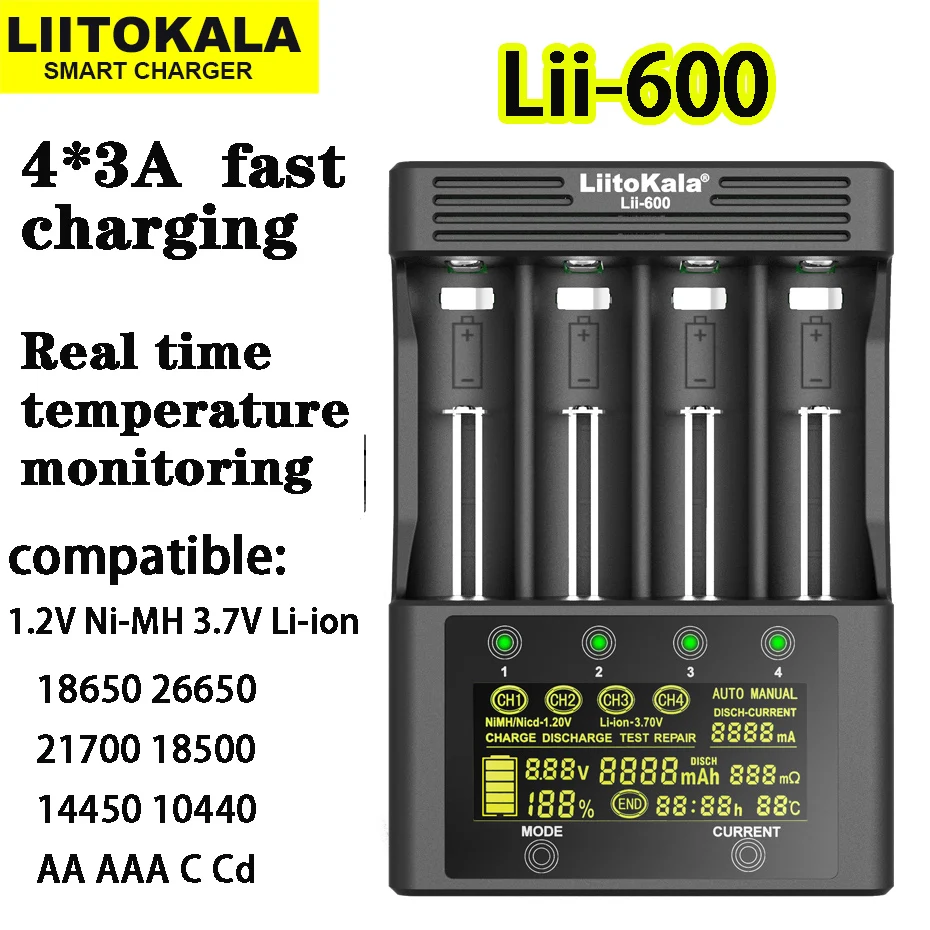 LiitoKala Lii-600 Lii-500 Lii-500S  18650 Battery Charger Li-ion 3.7V and NiMH 1.2V 26650 21700 26700 AA AAA SC C Capacity test