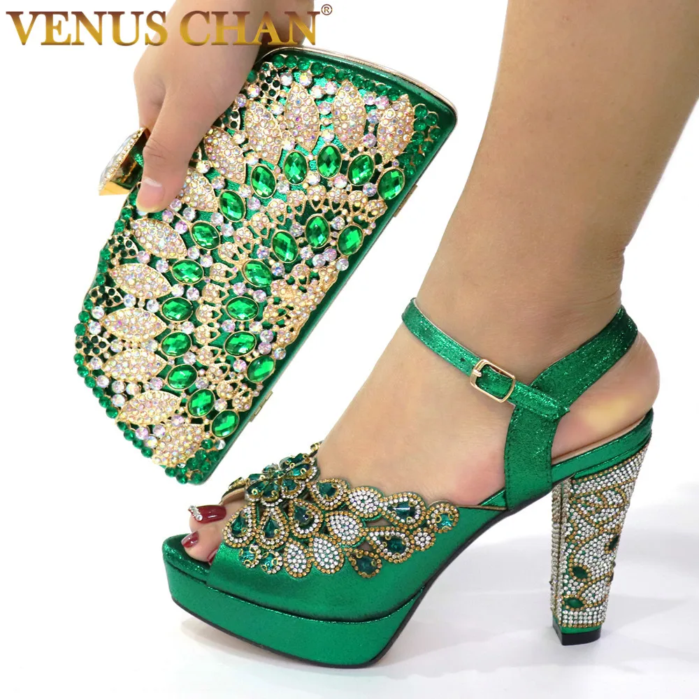 2020 novo verde com impressão desgin sapatos e saco de noite conjunto venda quente sandália sapatos com bolsa altura do salto 10.5cm