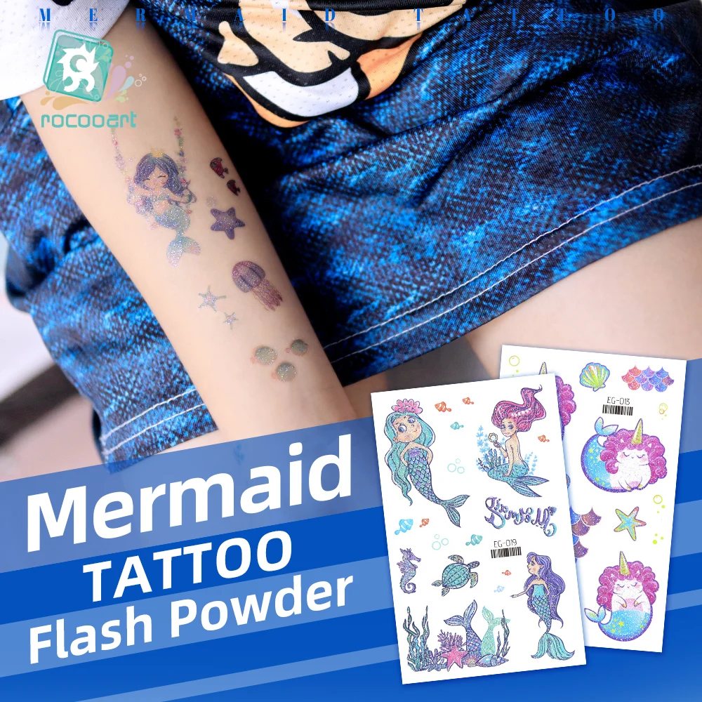 Glitter Powder Temporary Tattoos For Kids Cartoon Mermaid Tattoo Stickers Waterproof Flash Tatoo Children Body Art Fake Tattoo