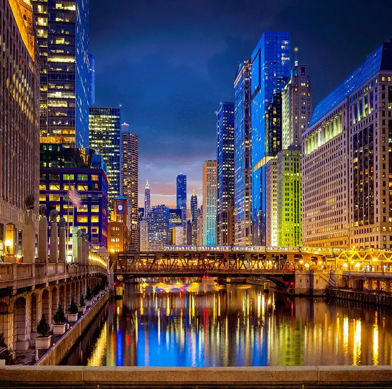 

Chicago City skyline River Bridge night backdrops Vinyl cloth High quality Computer print wedding photography backgrounds