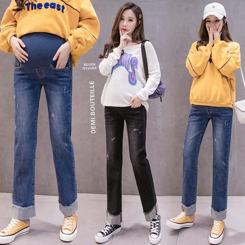 Pregnant Clothes Women Causal Wide Leg Denim Pants Pregnancy Loose Elastic Waist Trousers Pockets Plus Size Baggy Bottoms