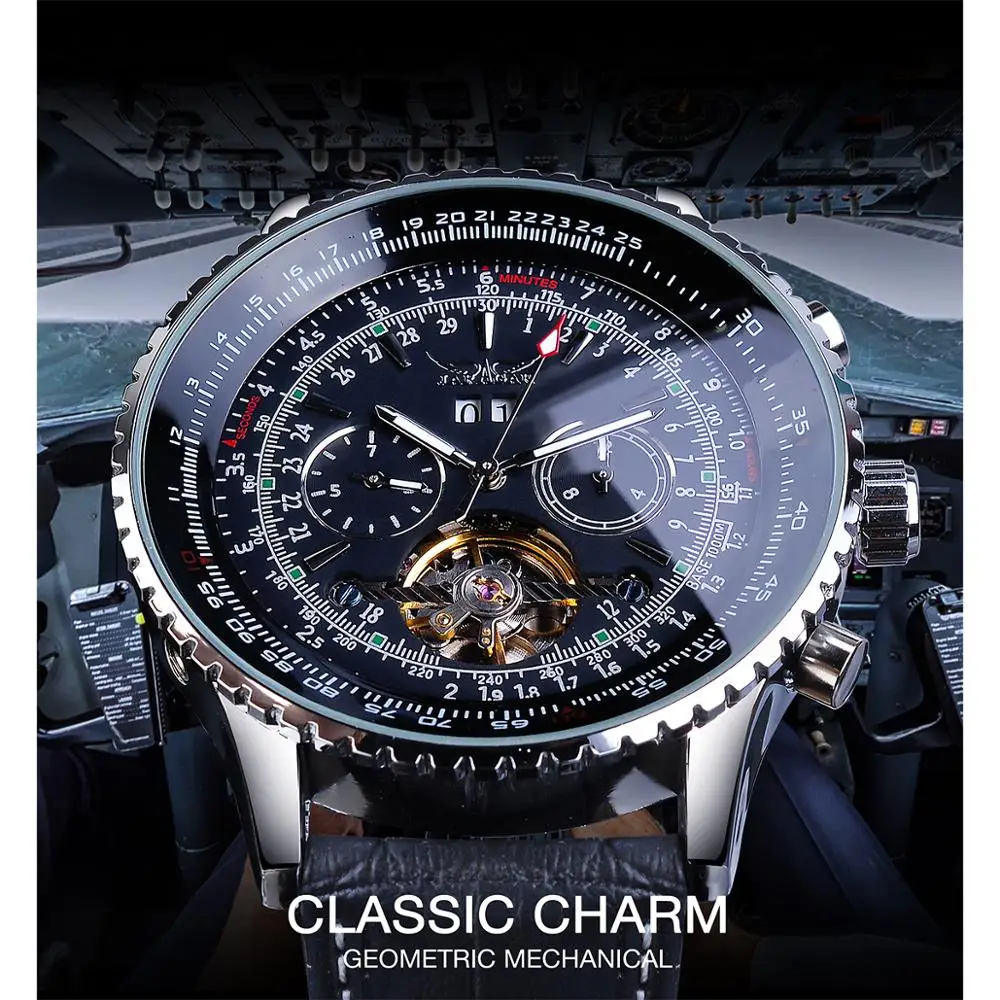 Jaragar Pilot Design Skeleton Automatic Watch Men Tourbillon Date Multifunction Mechanical Genuine Leather Business Watches Gift