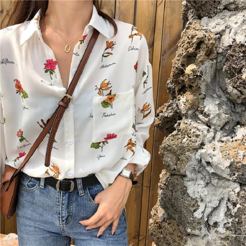 Vintage Floral Print Loose Casual Off White Blouse Women Long Sleeve Female Top Office Ladies Chiffon Blouses Shirts 2022