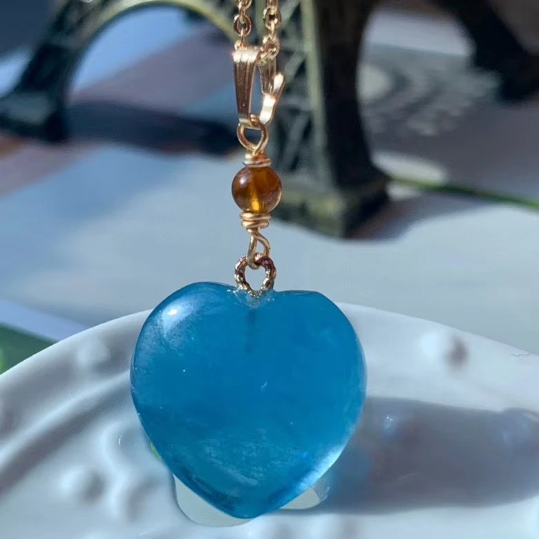 

Natural Blue Aquamarine Women Heart Love Pendant 14K Gold Gift 16.6*16*8mm Pearl Bads Necklace Certifiate