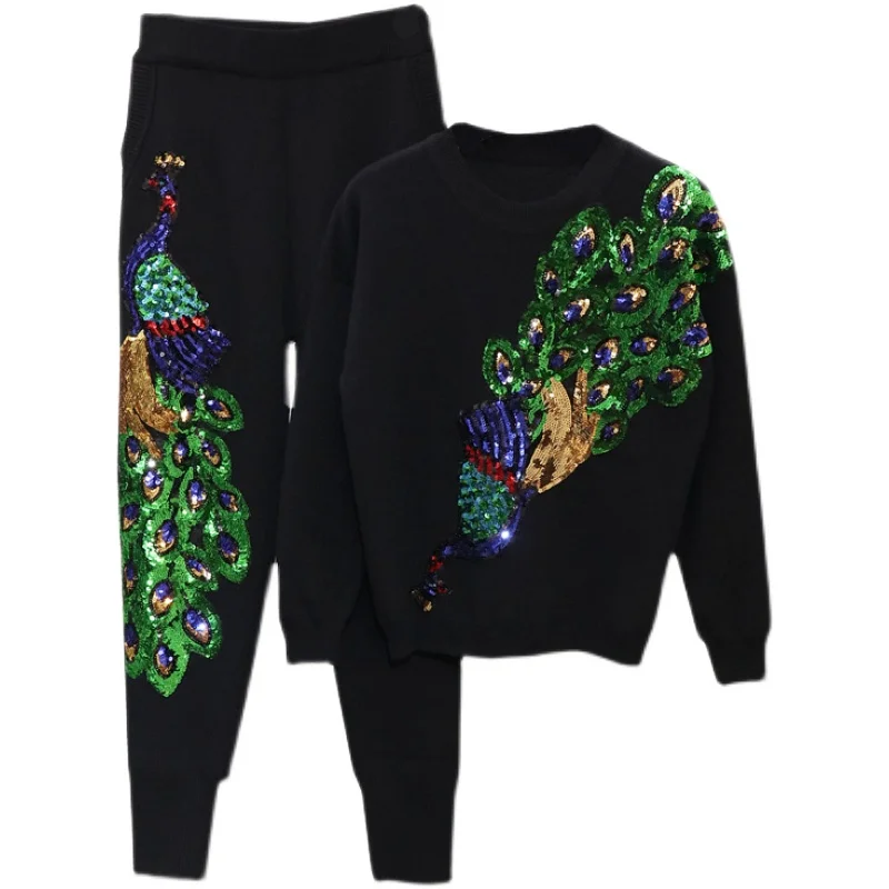 Spring Fashion Gold velvet Tracksuit Suit Women Autumn Sequin Peacock O-Neck Long Sleeve + Trousers Female Two Piece Set H1306