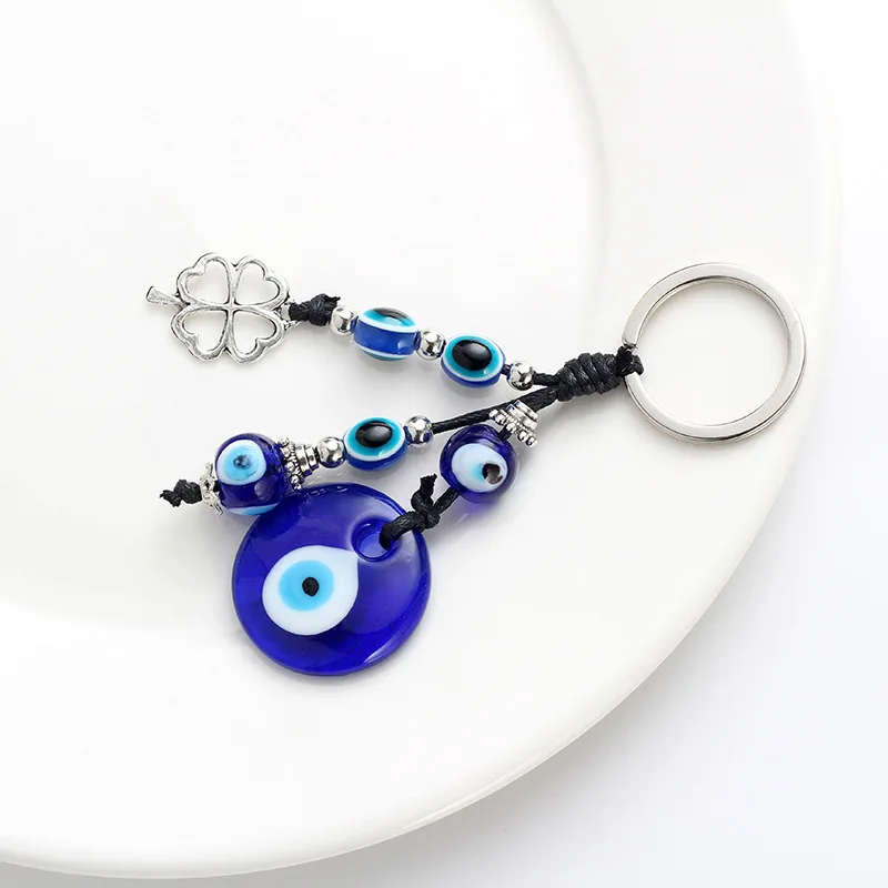 

Nazar Boncuğu Eye Fashion Alloy Clover Shape Charm Car Keychain Jewelry Pendant With Bule Eye Bead L0212