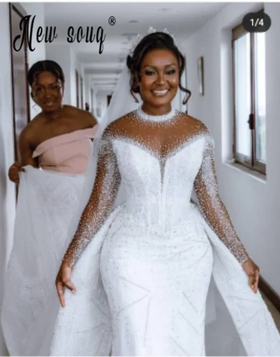 

Aso Ebi Sparkly Beading Wedding Dress Pure White Long Sleeve Elegant Bridal Dresses vestidos de noiva de fiesta Bridal Gowns