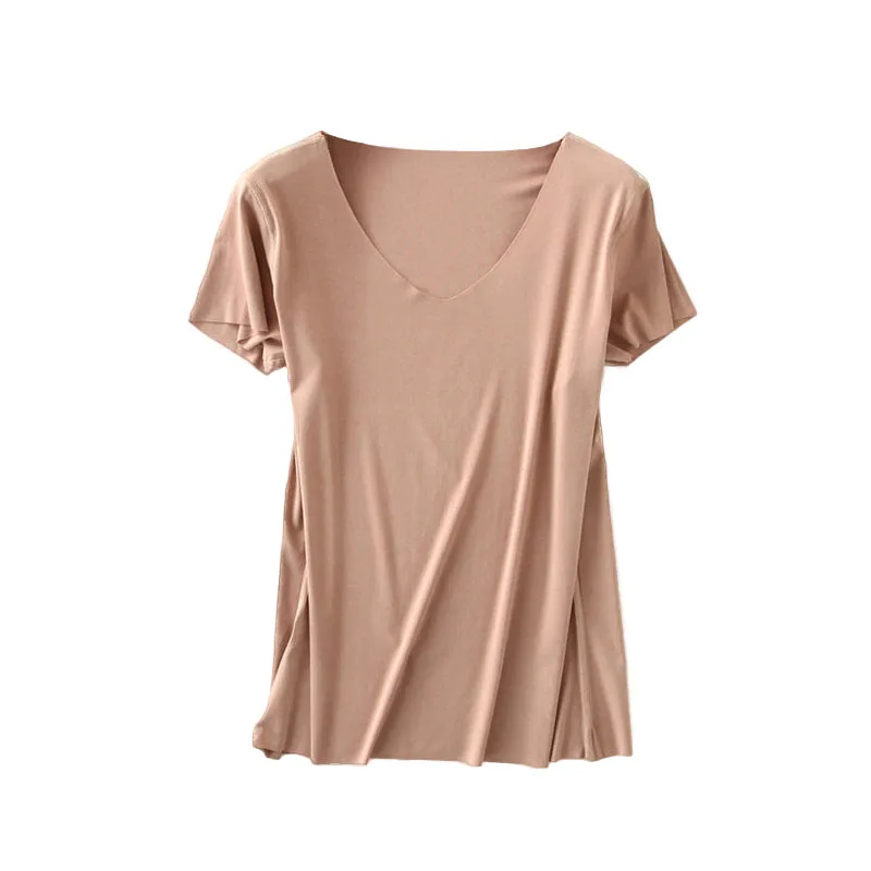 Women Essential T Shirt Basic Short Sleeve V Neck Tops Tees Solid Color Unfinished Viscose Stretch Top