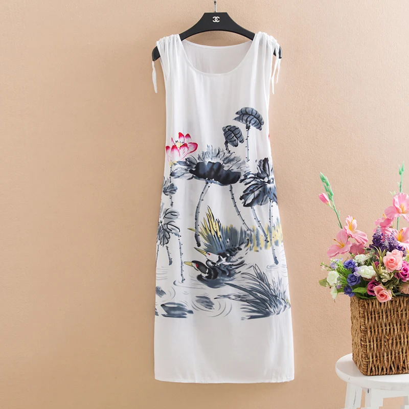 2020 Women Summer Printed Cotton Silk Dress New Large Size Sleeveless Vest Dress Comfortable Female Nightdress Home Service J413