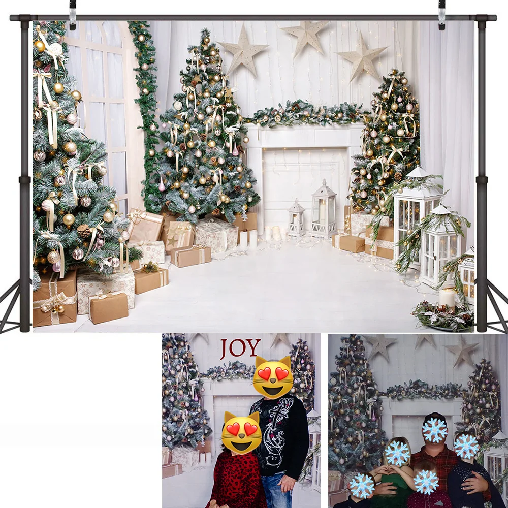 Fondo de sala de estar de invierno, decoración de árbol de Navidad, chimenea, retrato familiar, accesorios de fondo de vídeo, juguetes de regalo, fotografía artística de Navidad