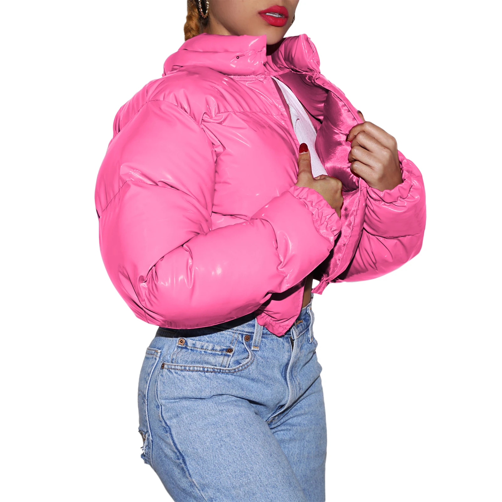 hrigin New Fashion Women Winter Quilted Puffer Jackets Glossy Long Sleeve Stand Collar Metallic Cropped Down Jackets Coat