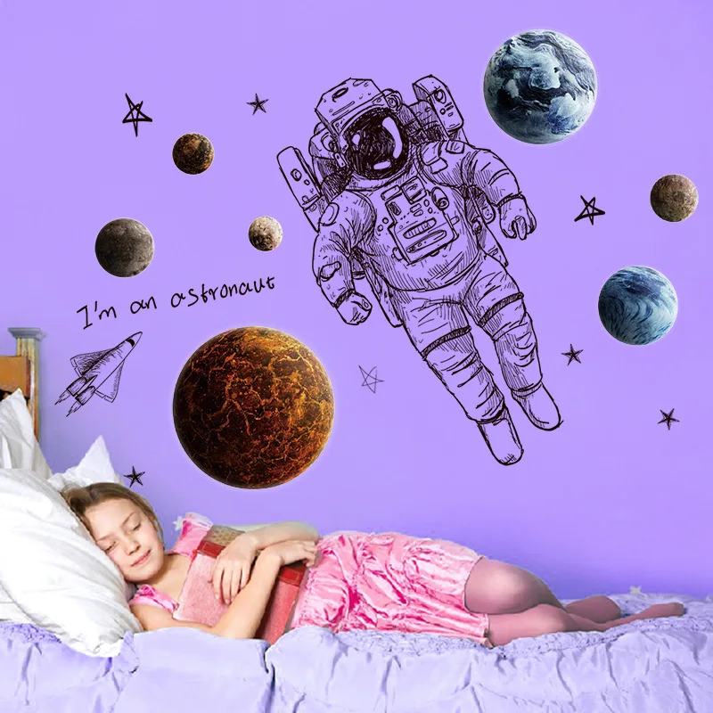 modern Art planet astronaut in space wall stickers children\'s room boy bedroom wall decoration self-adhesive wallpaper decals