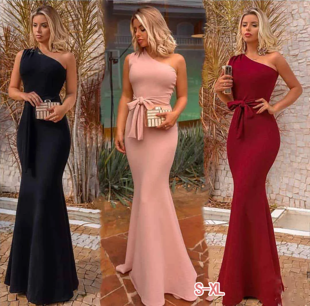 

2022 one-shoulder dinner evening dress ladies elegant black sleeveless A-line long dress formal robe evening dress