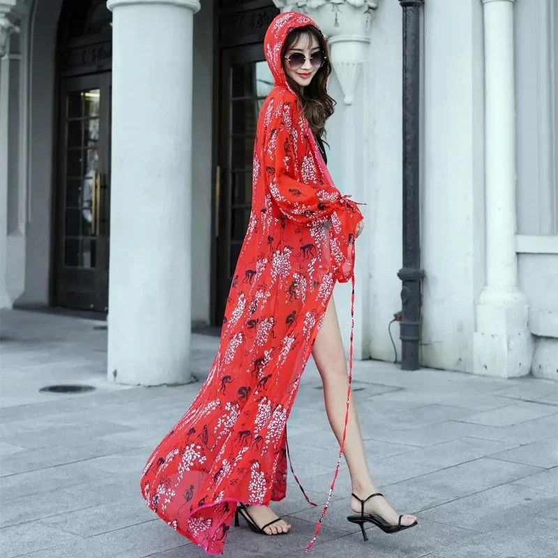 

Шифоновый кардиган со шляпой, женская сверхдлинная солнцезащитная накидка с капюшоном, лето 202, новые женские пляжные куртки 391