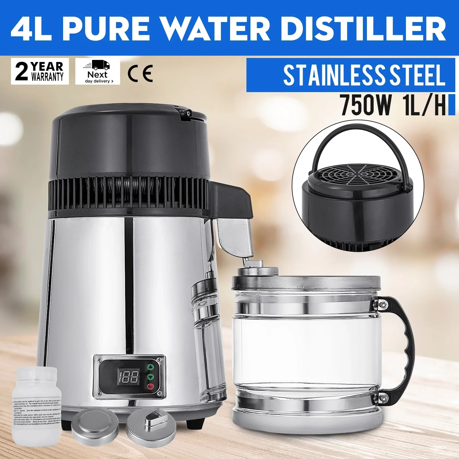 Water Distillers Countertop Stainless Steel 4L 750W Digital Control Distilling Water Machine for Home with Handle