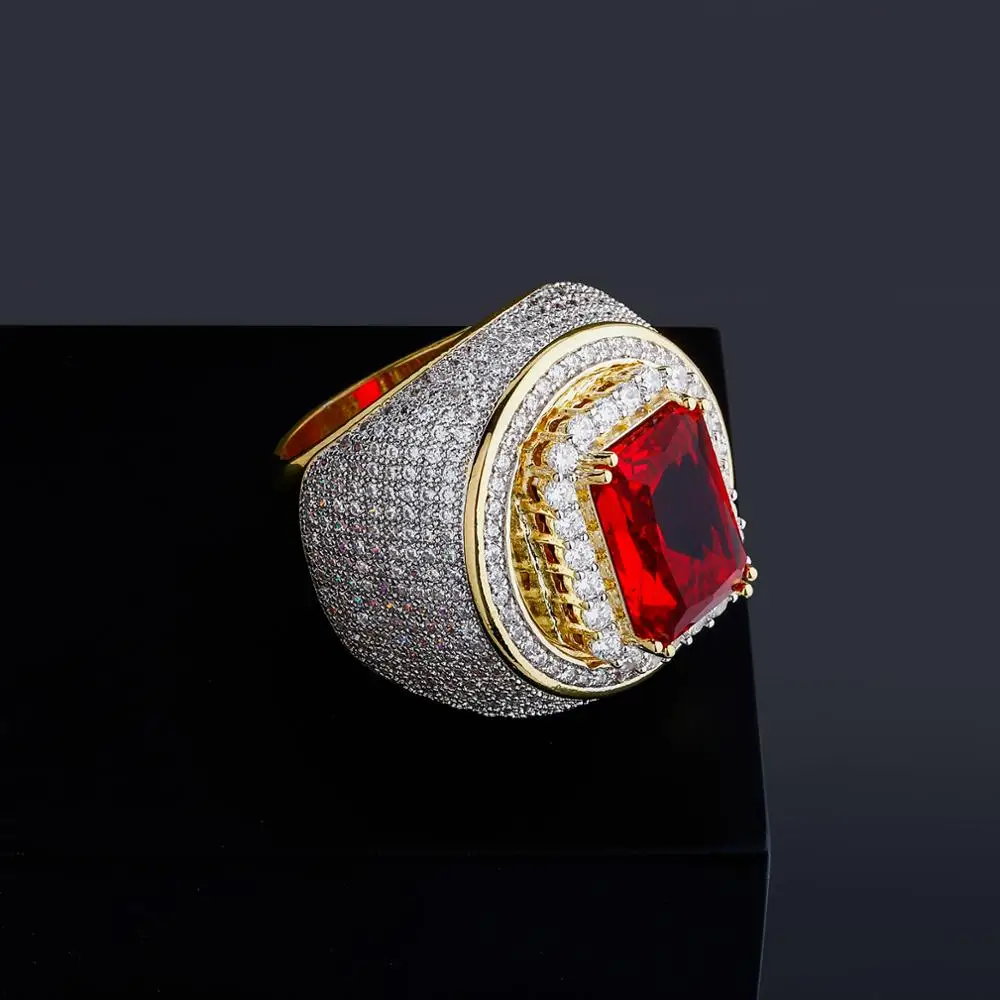 TOPGRILLZ Hip-Hop Classic Gold Color Plated Cubic Zircon Big Red Stone Ring Personality Fashion Men Women Jewelry Lover Gift