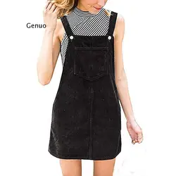 Women Corduroy Straight Suspender Mini Bib Overall  Casual Pocket Dress Button Knee-length lovely Solid color Dress