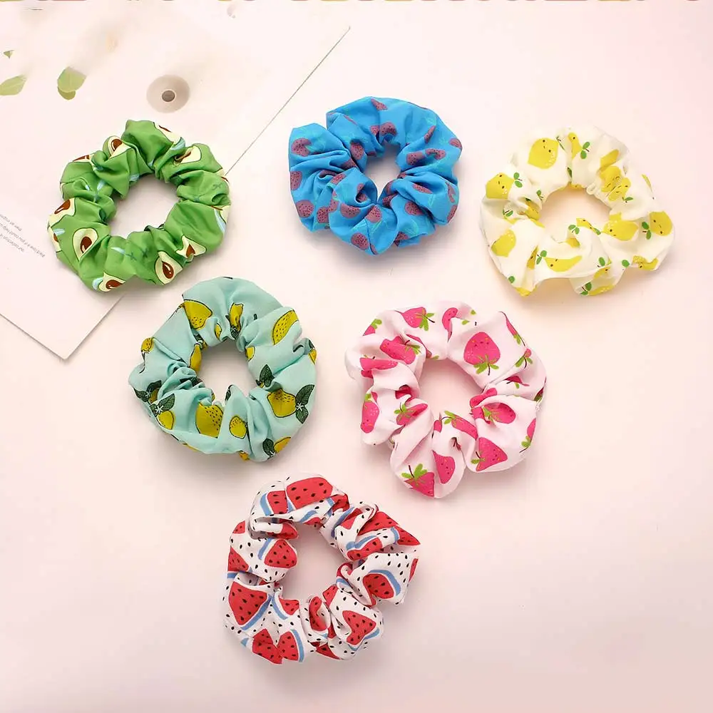 Small Fresh Fruit Print Scrunchies Hair Accessories Lemon Fruit Cherry Hair Ring Tie Elastic Hair Rubber Bands Ponytail Headwear