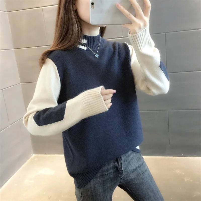 Herfst Winter Half Hoge Kraag Gebreide Trui Vrouwen Korte Trui Jumpers Dames Mode 6 Kleur Patchwork Gebreide Tops Vrouwelijke