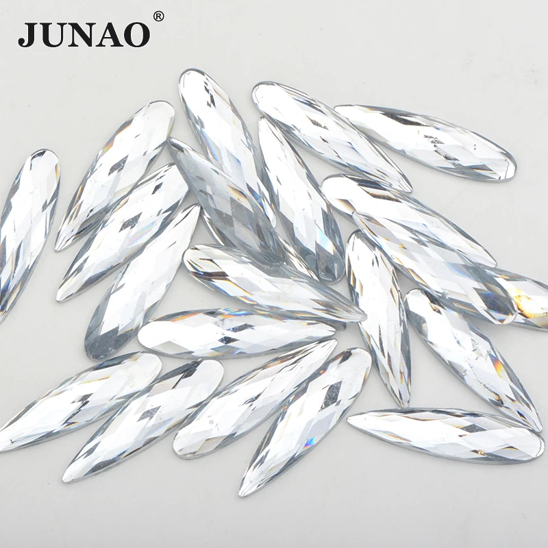 JUNAO 20Pcs 9*36mm Large Crystal AB Teardrop Rhinestone Flat Back Glue On Acrylic Strass Applique Non Hotfix Crystal Stones