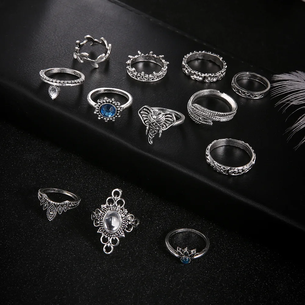 12pcs/Set Fashion Elephant Knuckle Rings Set For Women Crystal Stone Feather finger Ring Female Boho Party Jewelry Gift
