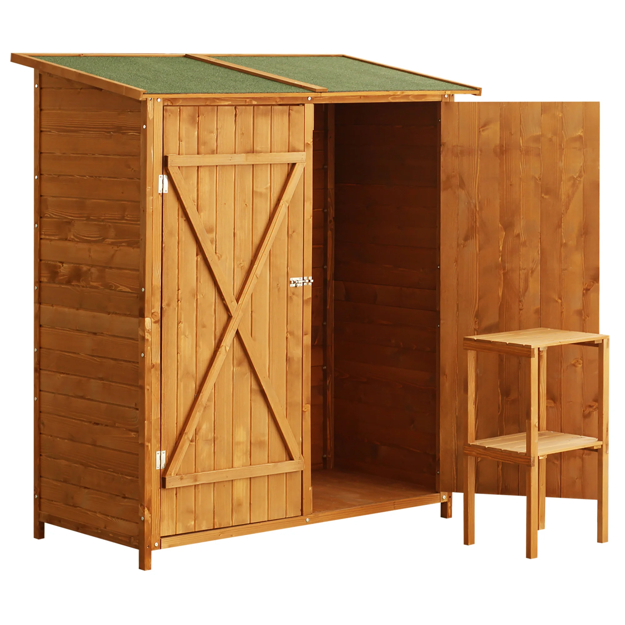 Outsunny wooden garden shed 139x75x160 cm tool storage shed with movable shelving doors with lock roof asphalt Natural wood