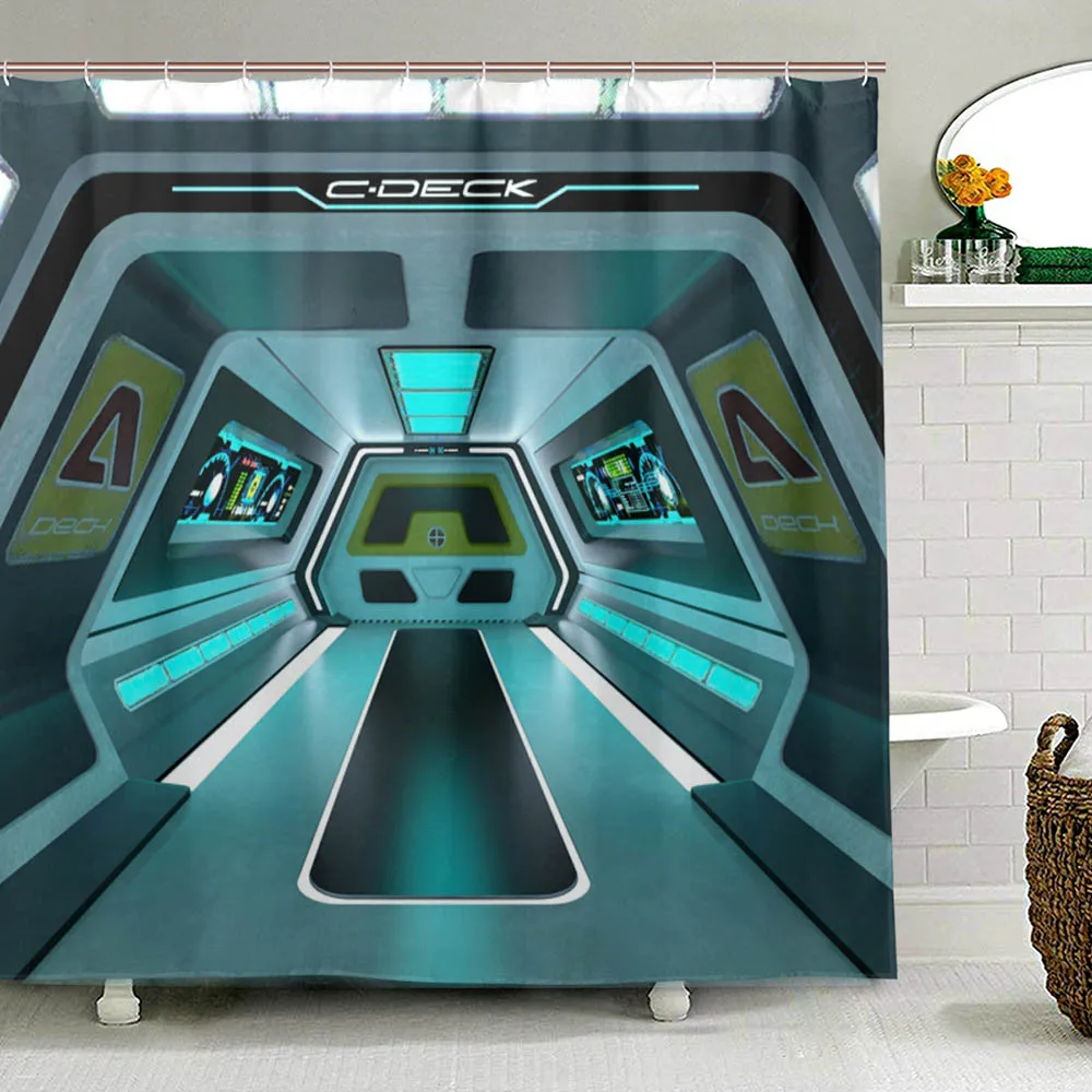 Outer Space Shower Curtain Inside of Space Station Control Room Passage Communication Technology Base Bath Curtain for Bathroom