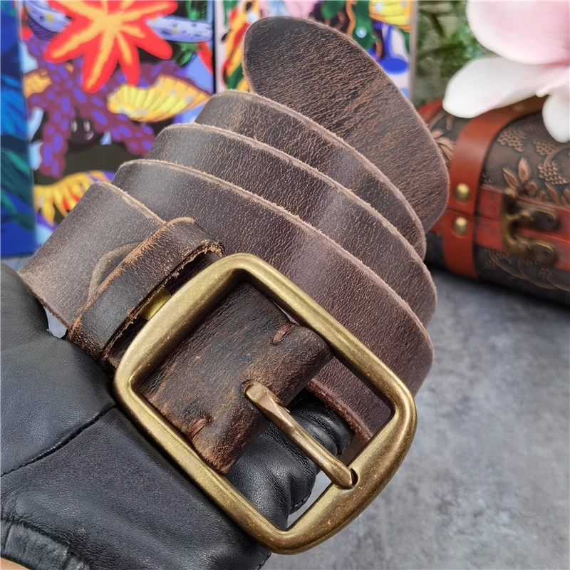 Retro Cowboy Jeans Men's Belt Vintage Brass Belt Buckle Thick Leather Belt Ceinture Belt For Men Long Waist Belt Men MBT0539