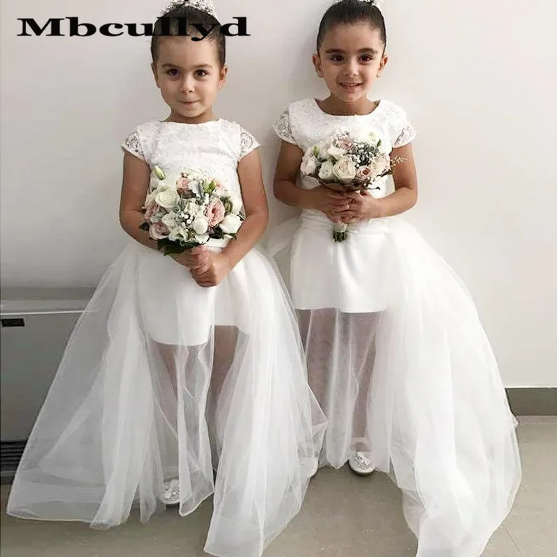 

Mbcullyd Scoop Neck Flower Girl Dresses For Weddings 2023 Lace Applique primera Comunion With Detachable Train Girls Party Gowns