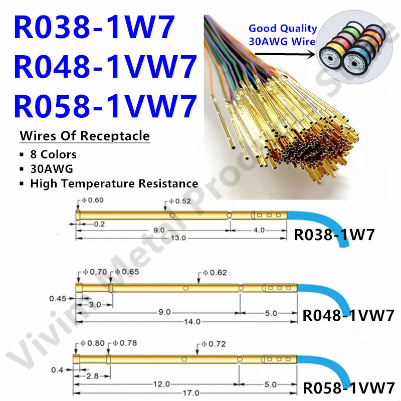 

200PCS Spring Test Probe Receptacle With Wire 30AWG OK Wire R038-1W7 R048-1VW7 R058-1VW7 Test Needle Sleeve Socket Length 700mm