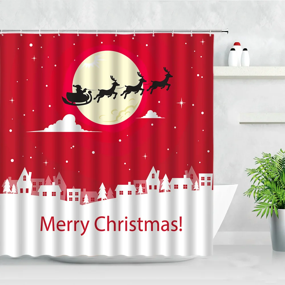 Christmas Shower Curtains Sets Happy Santa Claus Wreath Red Xmas Theme Decor Bathroom With Hooks Polyester Fabric Bath Curtain