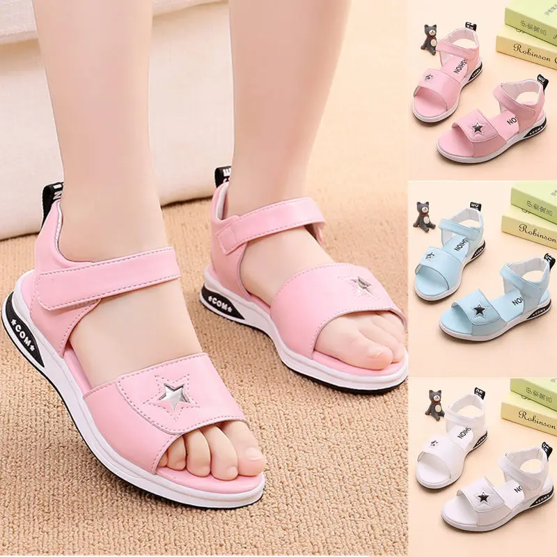 Girls leather sandals summer new Korean children's beach shoes big kid's soft bottom non-slip little girl princess shoes