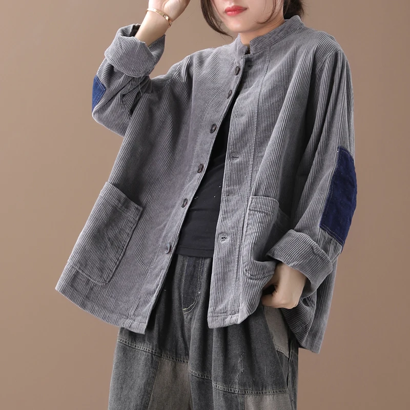 Female new autumn and spring Korean style plus size literary color matching patch single-breasted corduroy loose short jacket