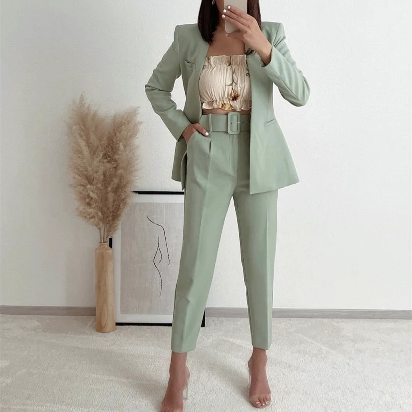 Woman Elegant Solid Slim Blazer Suit 2021 Spring Casual Female High Waisted Pencil Pants Suits Office Ladies 10 Color 2 Pcs Sets