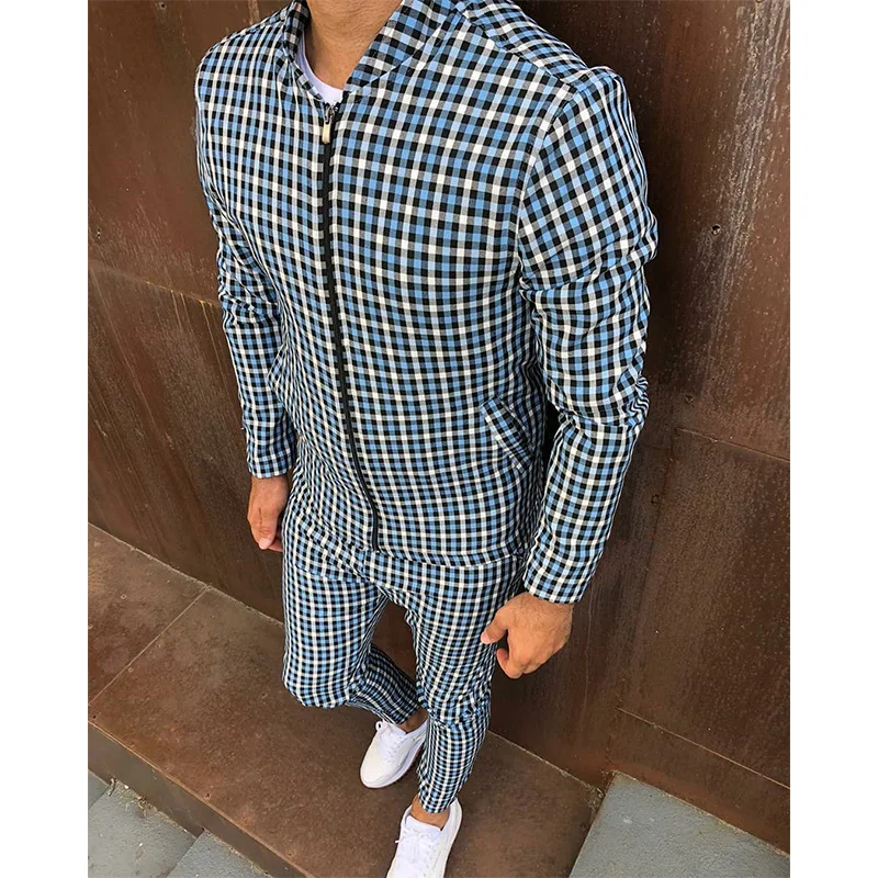 Men\'s Spring And Autumn Large Size Suit Casual Sports Fashion Joker Checkered Stand Collar Zipper Cardigan Jacket Trousers