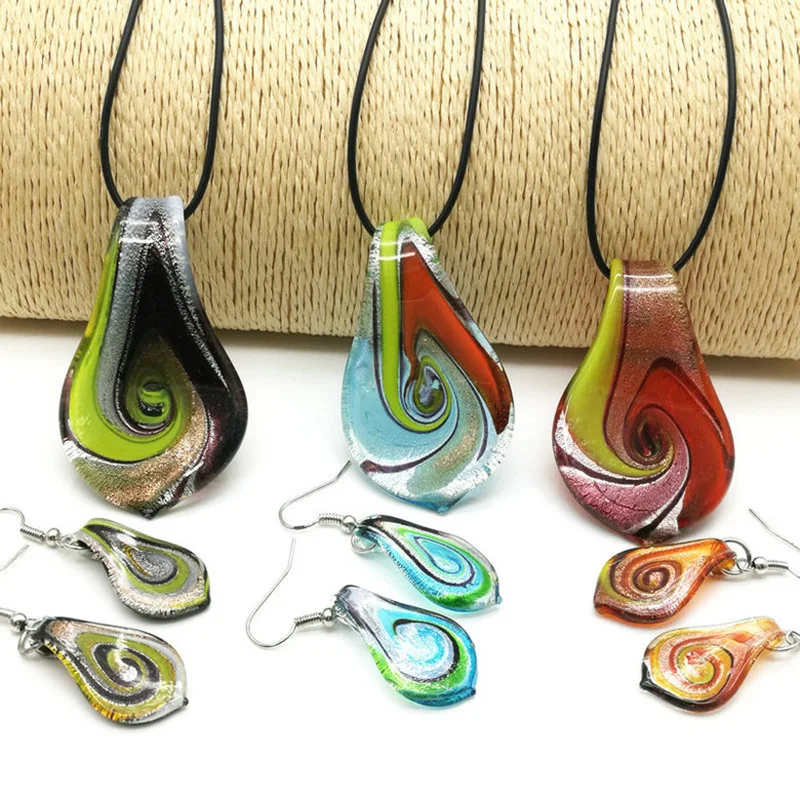 6 Sets Different Color Whirlwind Pattern Ribbons Glass Murano Leaf Pendant Necklace Earrings Chinese Style Colored Glaze Jewely