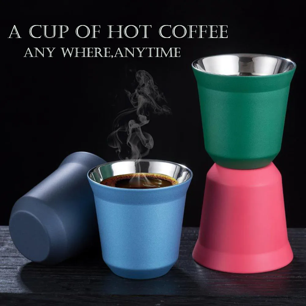 2 PCS 80/160ML Double-layer Anti-scalding Stainless Steel Coffee Cup Espresso Cup Set Vacuum Cup Powder Receiver Milk Jug