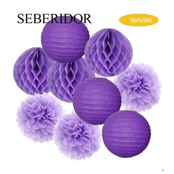 Folding Round Paper Lanterns Honeycomb Pompom Kits Purple Blue Pink For Wedding Events Party Favor Baptism Birthday Decor