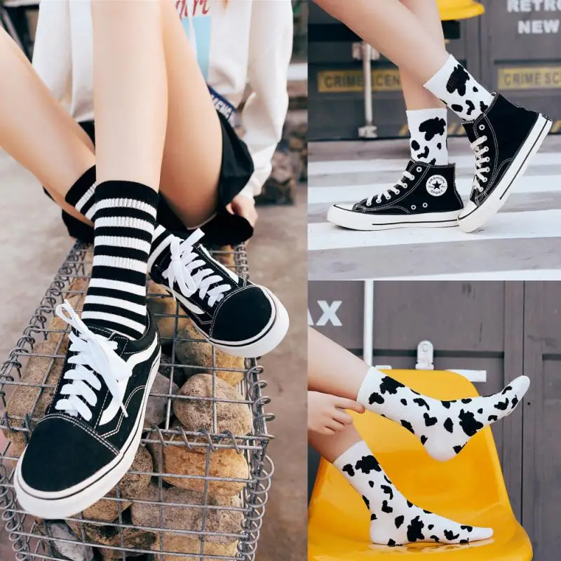 New Arrivals Cow Printed Sock Lovely Harajuku Japanese Style Cotton Women Socks Striped Solid Breathable Casual Cartoon